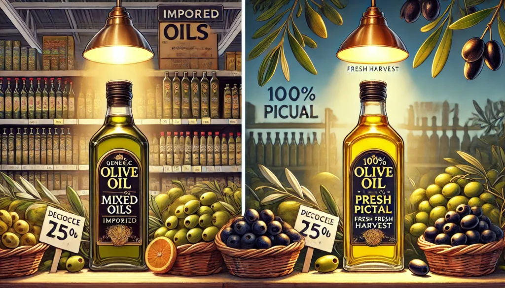 DALL·E 2025 01 21 01.02.17 A side by side comparison illustration. On the left a supermarket shelf with generic olive oil bottles labeled Mixed Oils and Imported Blend bri